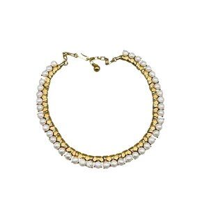 Vintage Trifari Gold Tone & Faux Pearl White Beaded Necklace Bridal Jewelry